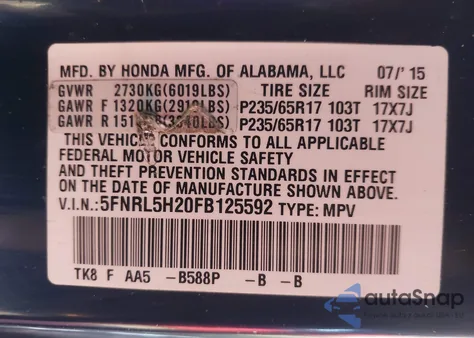 2015 Honda Odyssey Lx из США, поврежденный, VIN 5FNRL5H20FB125592